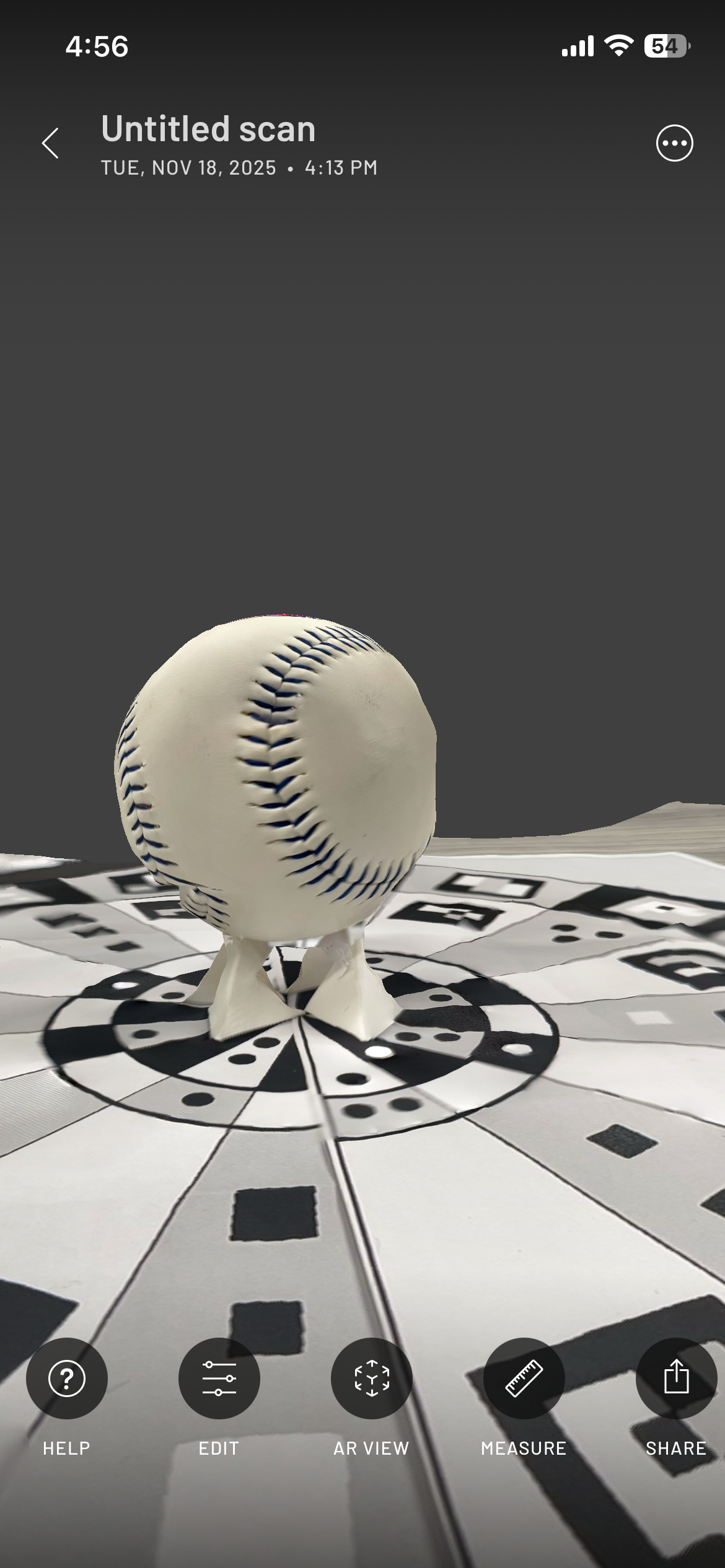 Baseball side view with it elevated (I attempted to scan the bottom but the ball did not scan well.)